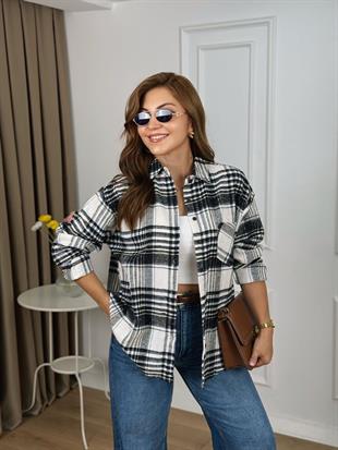 Siyah Cepli Taş Detaylı Yün Ekose Gömlek 4485