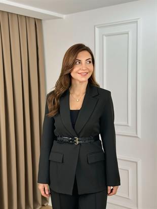 Siyah Çift Deri Kemerli Astarlı Ceket Pantolon Takım 9268