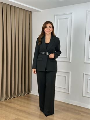 Siyah Çift Deri Kemerli Astarlı Ceket Pantolon Takım 9268
