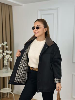 Siyah Deri Yakalı Ekoseli Astarlı Poliviskon Kumaş Ceket 251028