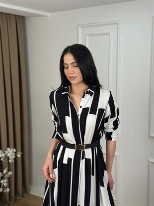 Siyah Desenli Yanları Cepli Pamuk Viskon Gömlek Elbise 6584