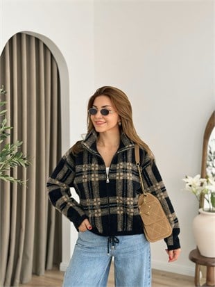 Siyah Dik Yaka Premium Kalite Angora Triko Ceket 26439