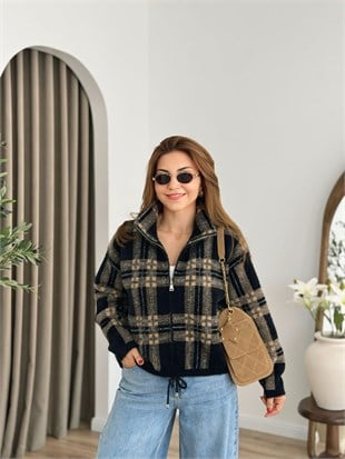 Siyah Dik Yaka Premium Kalite Angora Triko Ceket 26439