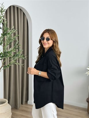 Siyah Düğmeli Oversize Gömlek 6082