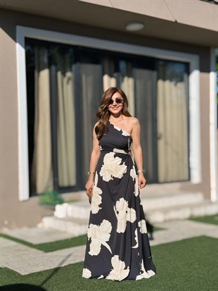 Siyah Ekru Tek Omuz Bel Dekolteli Elbise255956