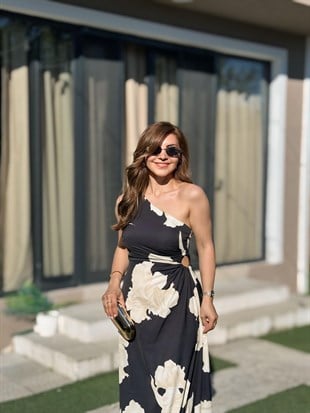 Siyah Ekru Tek Omuz Bel Dekolteli Elbise255956