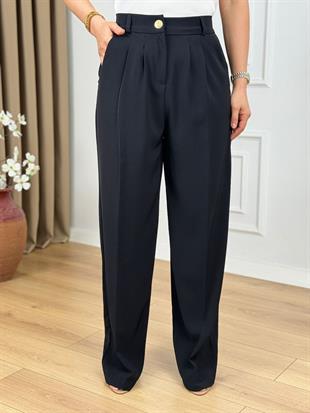 Siyah Gold Düğmeli Çift Pileli Arkası Lastikli Krep Kumaş Palazzo Pantolon 51079