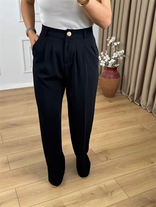 Siyah Gold Düğmeli Çift Pileli Arkası Lastikli Krep Kumaş Palazzo Pantolon 51079