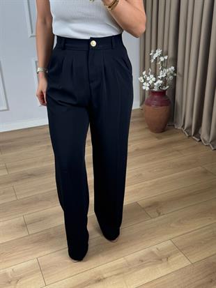 Siyah Gold Düğmeli Çift Pileli Arkası Lastikli Krep Kumaş Palazzo Pantolon 51079