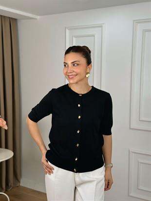 Siyah Gold Düğmeli Kısa Kollu Triko 25412