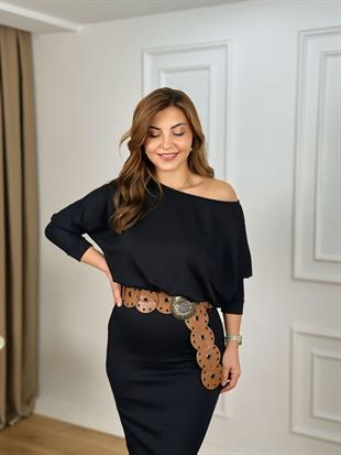 Siyah Kayık Yaka Beli Lastiikli Modal Kumaş Elbise 26134