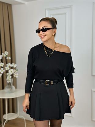 Siyah Kayık Yaka Modal Kumaş Bluz 26128