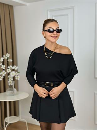 Siyah Kayık Yaka Modal Kumaş Bluz 26128