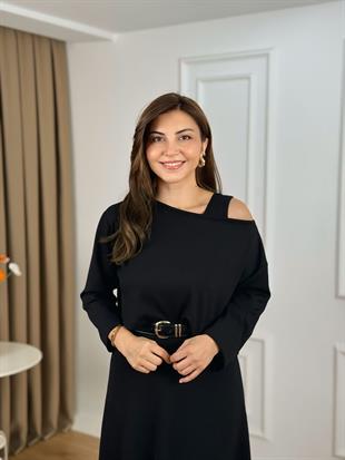 Siyah Kayık Yaka Modal Kumaş İkili Bluz Elbise 26143