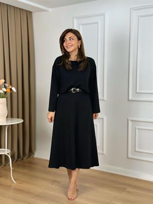 Siyah Kayık Yaka Modal Kumaş İkili Bluz Elbise 26143