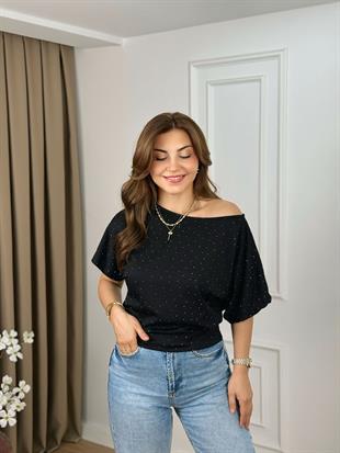 Siyah Kayık Yaka Yarasa Kol Taşlı Bluz 2610460