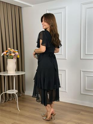 Siyah Kruvaze Yaka Beli Kuşaklı Volanlı Elbise 265532