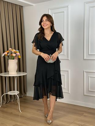 Siyah Kruvaze Yaka Beli Kuşaklı Volanlı Elbise 265532