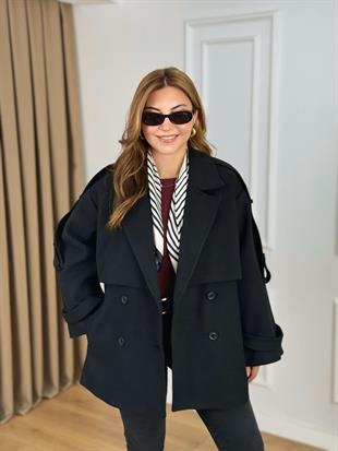 Siyah Kruvaze Yaka Cepli Kuşaklı Premium Kalite Astarlı Kaban 6136