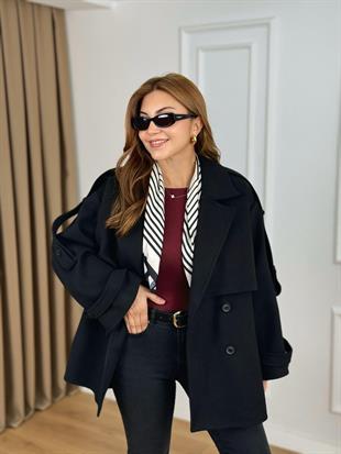 Siyah Kruvaze Yaka Cepli Kuşaklı Premium Kalite Astarlı Kaban 6136