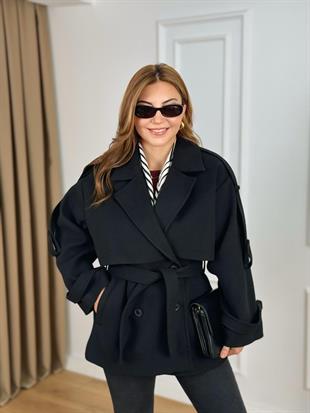 Siyah Kruvaze Yaka Cepli Kuşaklı Premium Kalite Astarlı Kaban 6136