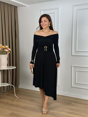 Siyah Kruvaze Yaka Drapeli Asimetrik Kesim Sandy Kumaş Elbise 265123