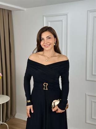 Siyah Kruvaze Yaka Drapeli Asimetrik Kesim Sandy Kumaş Elbise 265123