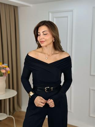 Siyah Kruvaze Yaka Drapeli Sandy Kumaş Bluz 262473