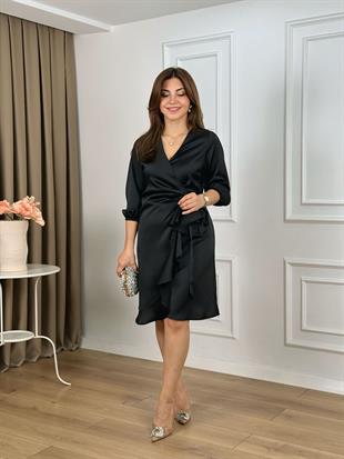 Siyah Kruvaze Yaka Truvakar Kol Volanlı Saten Elbise 265126