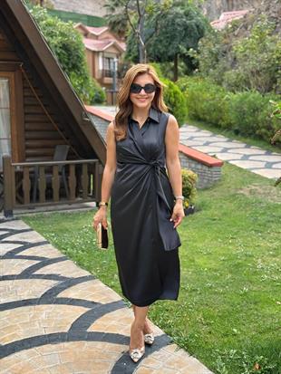 Siyah Kruvaze Yaka Yandan Fermuarlı Pamuk Saten Ceket Elbise 5249