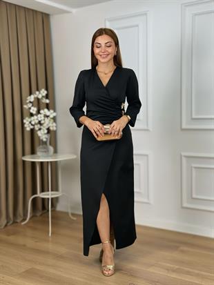 Siyah Kruvaze Yaka Yanı Gold Tokalı Yarım Kol Elbise 26205