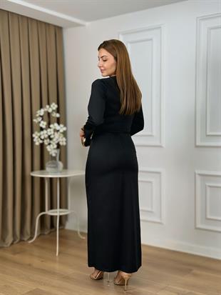 Siyah Kruvaze Yaka Yanı Gold Tokalı Yarım Kol Elbise 26205