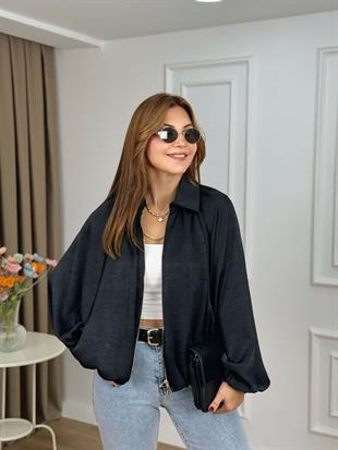 Siyah Pamuk Saten  Bomber Ceket 25110
