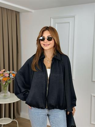 Siyah Pamuk Saten  Bomber Ceket 25110