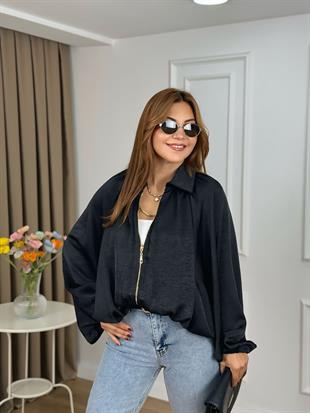 Siyah Pamuk Saten  Bomber Ceket 25110