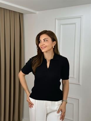 Siyah Polo Yaka Saç Örgülü Triko 26402