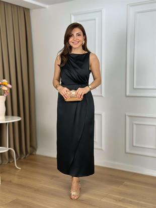 Siyah Sıfır Kol Yandan Fermuarlı Saten Elbise 25223