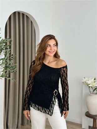 Siyah Tek Omuz Dantel Detaylı Bluz 271683