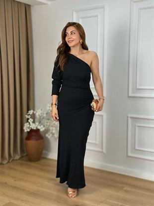 Siyah Tek Omuz Yandan Fermuarlı Aerobin Kumaş Elbise 25231