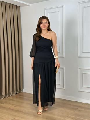 Siyah Tek Omuz Yandan Fermuarlı Drapeli Astarlı Şifon Elbise 265131