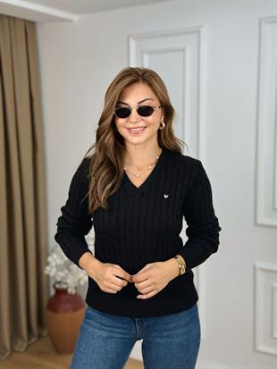 Siyah V Yaka Saç Örgülü Triko 25724