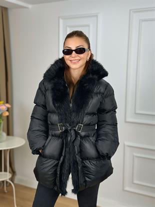 Siyah Yakası Kürklü Beli Kemerli Şişme Mont 14450