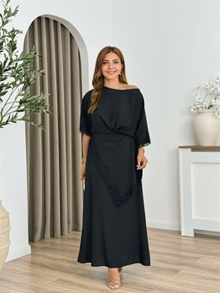 Siyah Yandan Bağlamalı Dantel Detaylı Elbise 262806