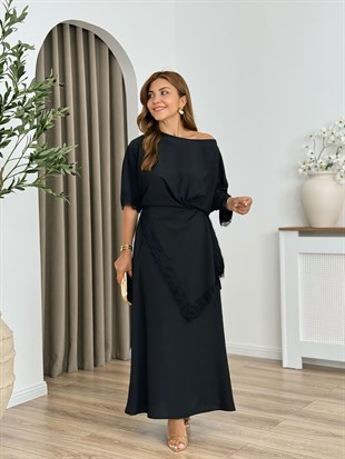 Siyah Yandan Bağlamalı Dantel Detaylı Elbise 262806