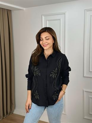 Siyah Yaprak Desenli Gömlek 10362