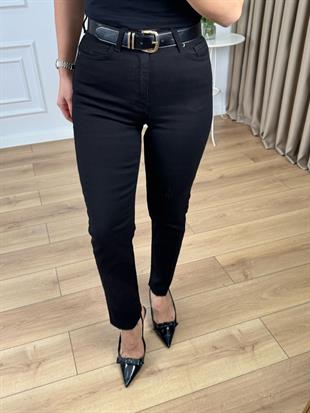 Siyah Yüksek Bel Likralı Toparlayıcı Paçası Kesik Fit Mom Jean 764