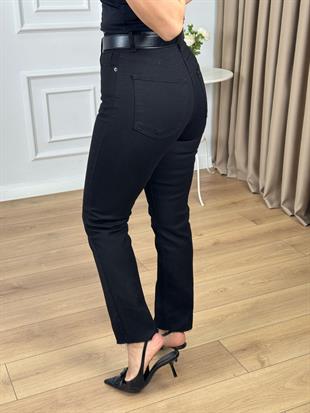 Siyah Yüksek Bel Likralı Toparlayıcı Paçası Kesik Fit Mom Jean 764