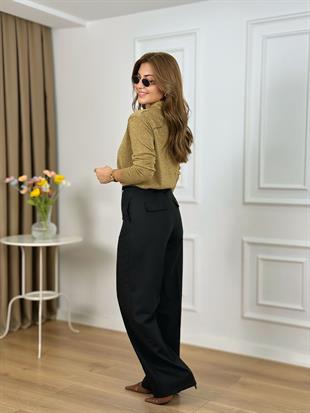 Siyah Yüksek Bel Nervür Dikişli Pantolon 26416