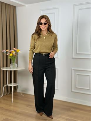 Siyah Yüksek Bel Nervür Dikişli Pantolon 26416