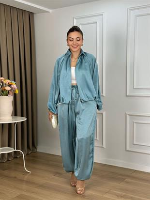 Su Yeşili Beli Lastikli Yarasa Kol Oversize Kalıp Ceket Pantolon Takım 26101